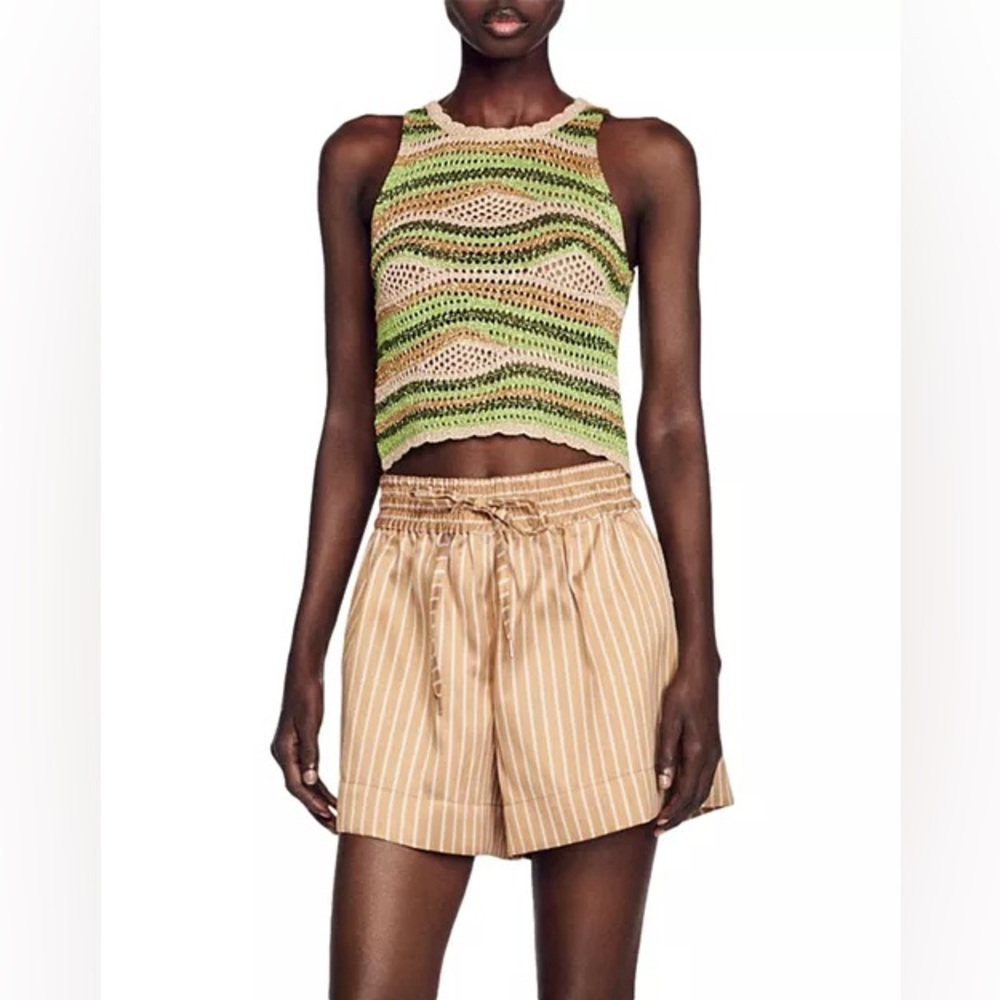 Sandro Green and Beige Striped Crop Top